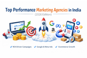 Top performance marketing agencies in India 2026 banner showing ROI-driven digital marketing, Google Ads, Meta Ads, and ecommerce growth icons on a white background
