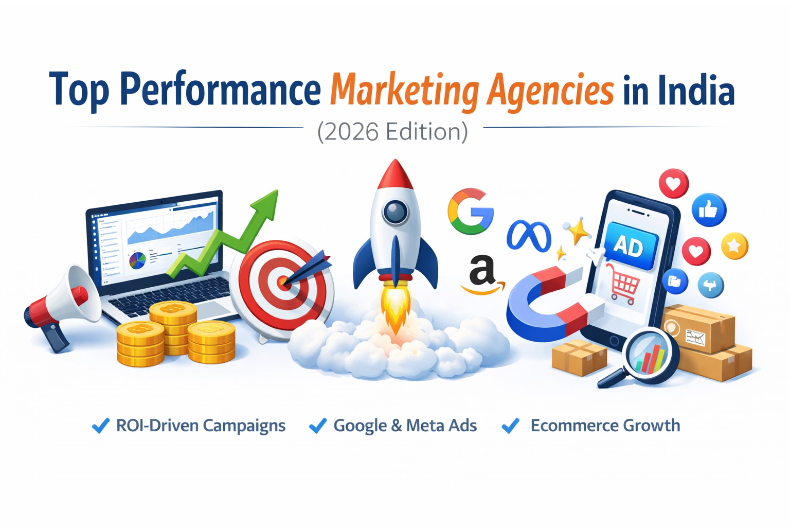Top performance marketing agencies in India 2026 banner showing ROI-driven digital marketing, Google Ads, Meta Ads, and ecommerce growth icons on a white background